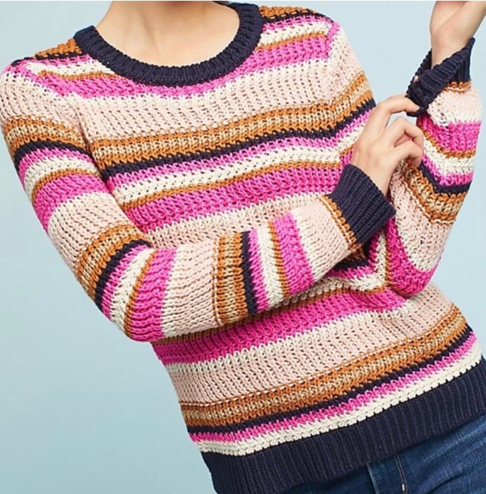 Moth Anthropologie Women's Cate Striped Knit Sweater Round Neck Y2K Chunky Sz L